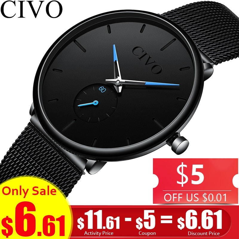 CIVO Fashion Watch Men Waterproof Slim Mesh Strap Minimalist Wrist Watches For Men Quartz Sports Watch Clock Relogio Masculino